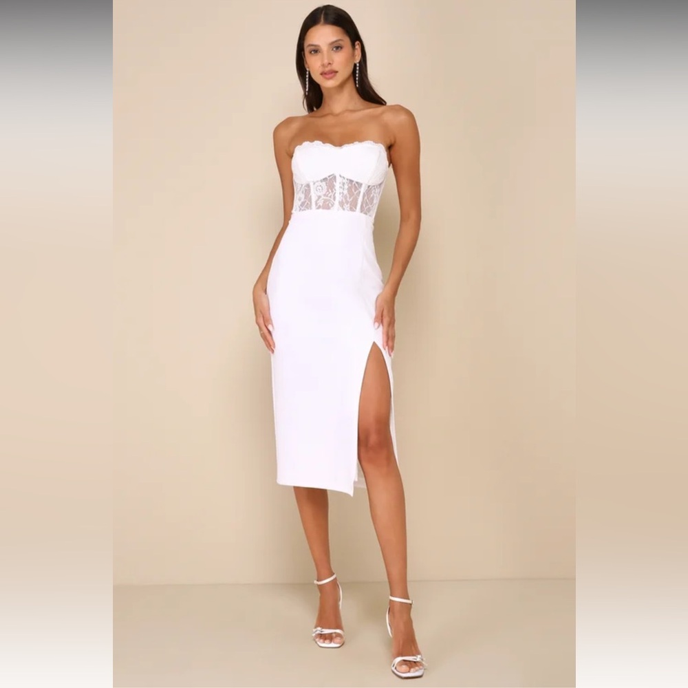Exquisitely Sultry White Lace Strapless Bustier Midi Dress